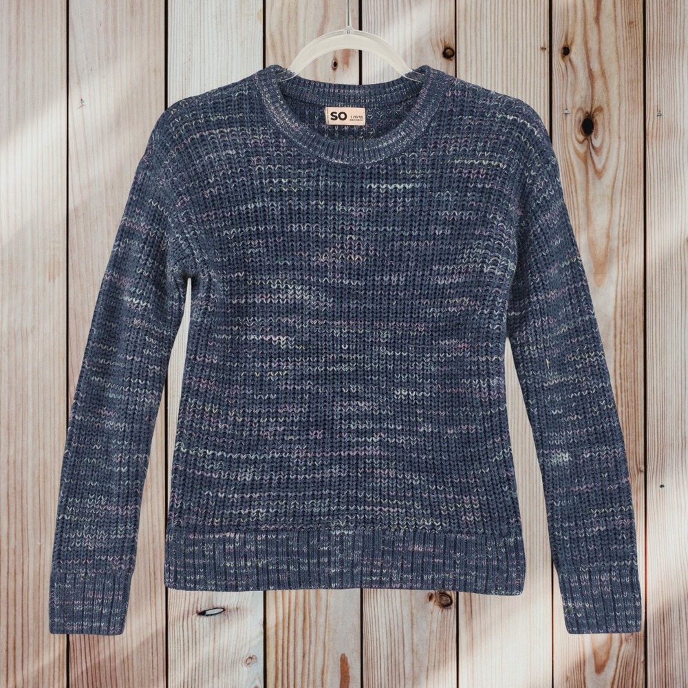 SO Waffle Knit Long Sleeve Round Neck Chunky Blue Sweater Womens L